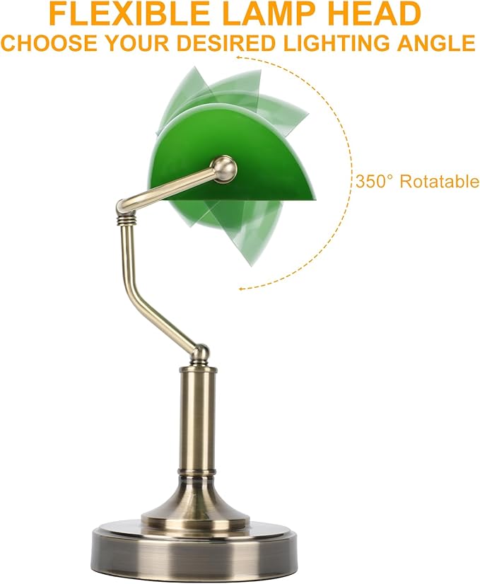 Bankers Lamp, Green Desk Lamp with Touch Control Switch, Retro Lamp with USB and Type C Charging Ports, Vintage Lamp for Home Office, Piano, Library, LED Bulb Included (Vintage)