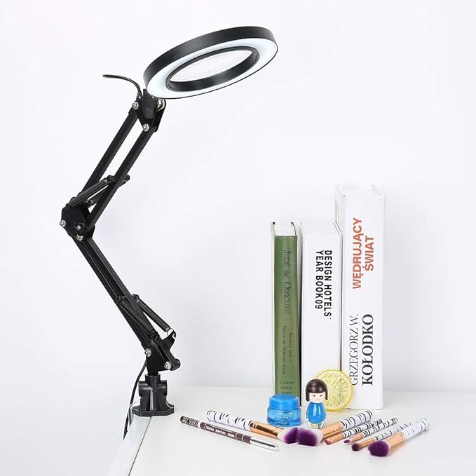LED Magnifying Lamp with Clamp, 5X Magnifier Glass Light Lens, USB Dimmable Desk lamp for Table Craft or Workbench