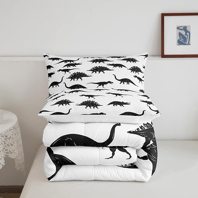 Erosebridal Dinosaur Comforter Set Dino Silhouettes Bedding Set Queen Size, Wildlife Animals Black White Duvet Sets for Kids Boys Teens Adult Bedroom Decor Dinosaurs Comforter with 2 Pillow Cases