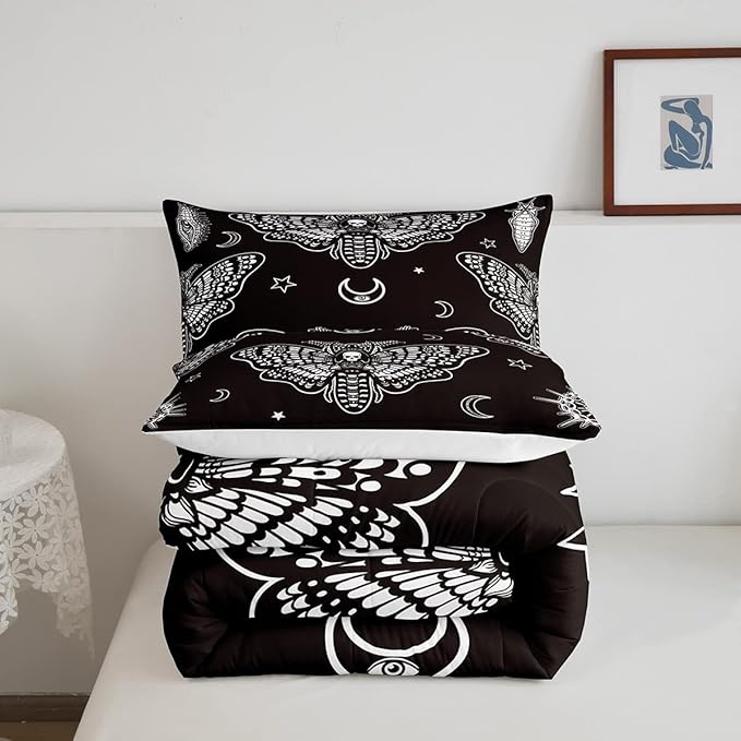 Boys Boho Moth Comforter Set Queen Size Men Gothic Skull Bedding Set for Girls Women Bedroom Decor Bohemian Moon Star Comforter Personalized Moth Skull Skeleton Bones Duvet Set Teens Quilt Set