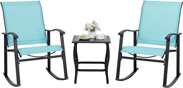 Shintenchi 3 Piece Rocking Bistro Set, Outdoor Furniture with Rocker Chairs and Glass coffee table set of 3, Balcony, Porch Furniture for Small Space, Blue