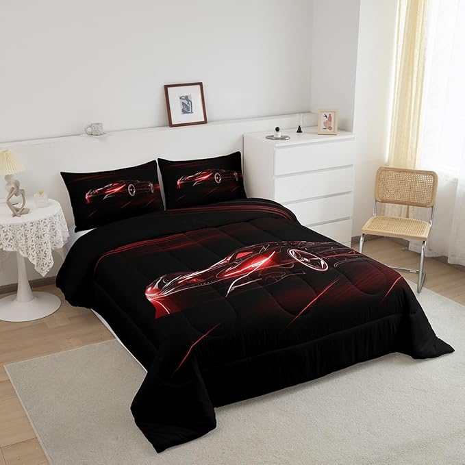 Feelyou Red Race Car Bedding Set Queen Size for Kids Boys Extreme Sport Games Comforter Set Teens Toddler Fast and Furious Duvet Set Cool Modern Quilt Set 3Pcs