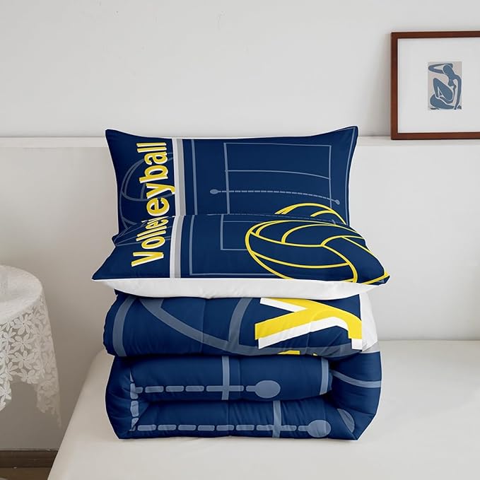 Feelyou Volleyball Bedding Set King Size Sports Game Comforter Set for Kids Boys Girls Decor Volleyball Player Comforter Microfiber Blue Yellow Duvet Set Bedroom Quilt Set