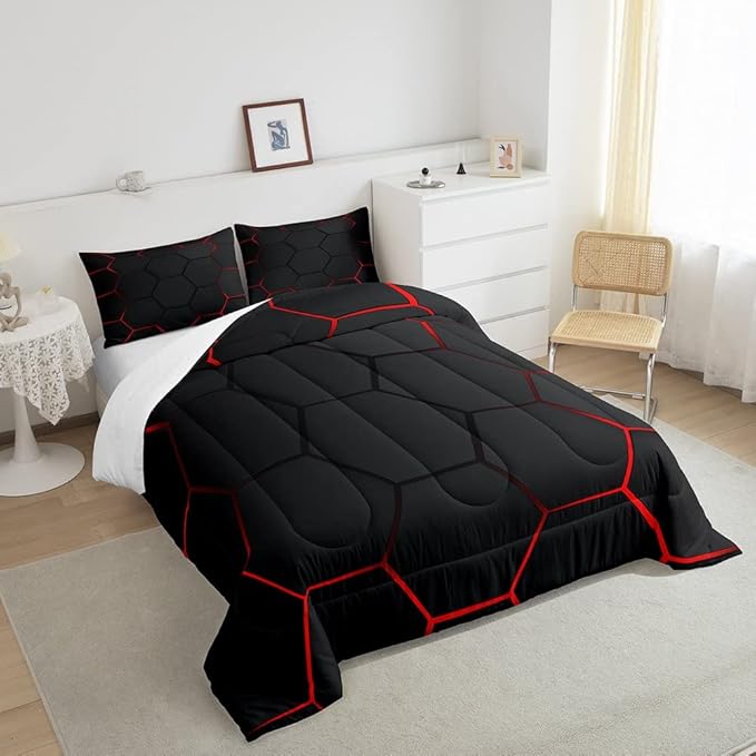 Honeycomb Bedding Set Honeycomb Modern Geometry Hexagon Theme Comforter Set for Kids Boys Children Geometrical Comforter Ultra Soft Beehive Black Red Decor Duvet Set Queen Size