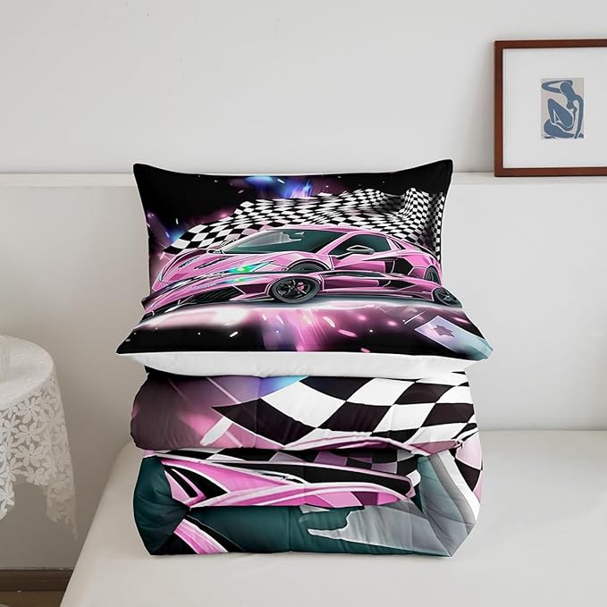 Pink Race Car Bedding Set King Size,Racing Flag Black White Lattice Duvet Cover with 2 Pillowcases,Extreme Sport Game Comforter Cover for Kids Youths Boys Girls Room Decor,Modern Quilt Cover