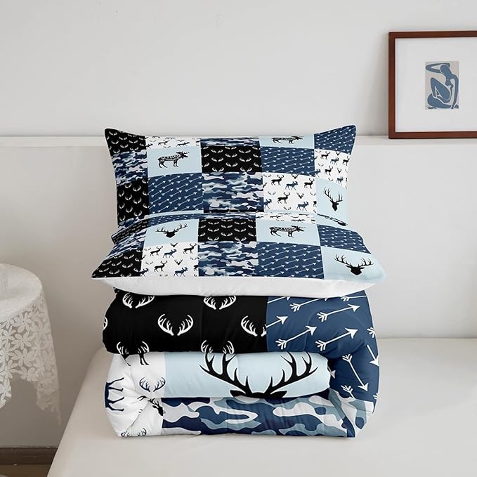 Cute Deer Comforter Set King, Military Camo Bedding Set for Kids Boys Girls Teens Bedroom Tribal Animal Antlers Silhouette Quilted Comforter Checkered Plaid Arrows Bedding Comforters, Army Blue&White