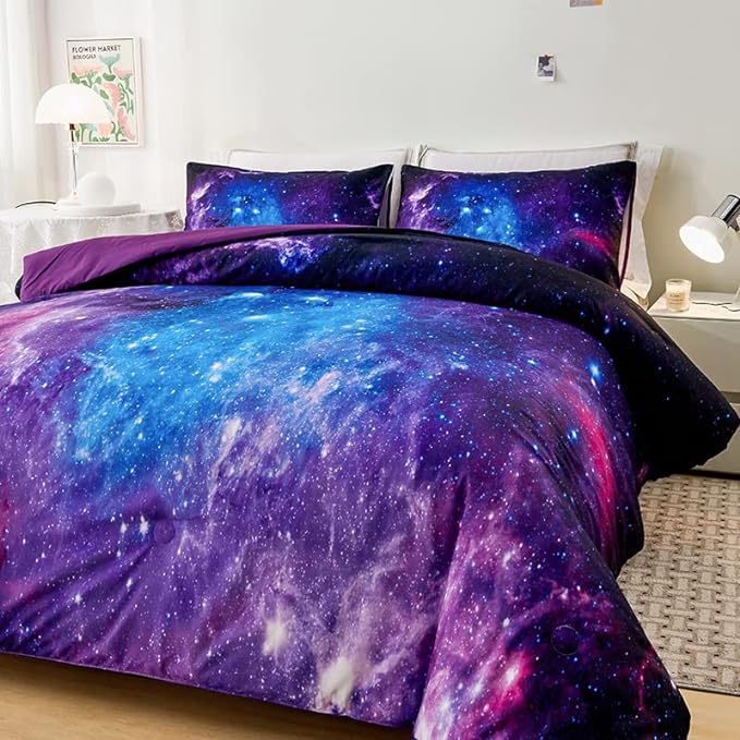 Galaxy Bedding Twin,Girls Purple Comforter Set,Twin Size Comforter Set for Boys Kids,Teen Girl Bedding Set Twin,Space Bedding,Kids Comforter Set for Girls,Twin Girl Comforter Set