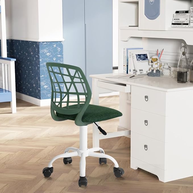 Kids Desk Chair, Fabric Office Chair Armless Small Mid Back Swivel Children Computer Task Chair Ergonomic Height Adjustable Study Chairs with Swivel Padded Cushion and Rolling Wheels, Dark Green