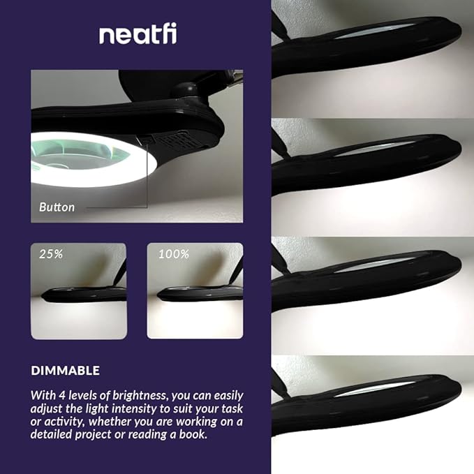 Neatfi (New Model) Bifocals 1,200 Lumens Super LED Magnifying Lamp with Clamp, 5D + 20D, Dimmable, 60 Pcs SMD LED, 5 Inches Diameter Lens, Adjustable Arm (5 Diopter + 20 Diopter, Black)