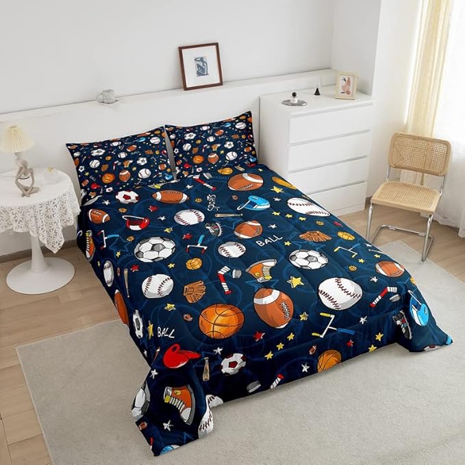 Feelyou Sports Comforter Set Blue Ball Bedding Set Baseball Football Basketball Comforter for Kids Boys Girls Competitive Games Duvet Set Room Decor Quilt King Size Boys