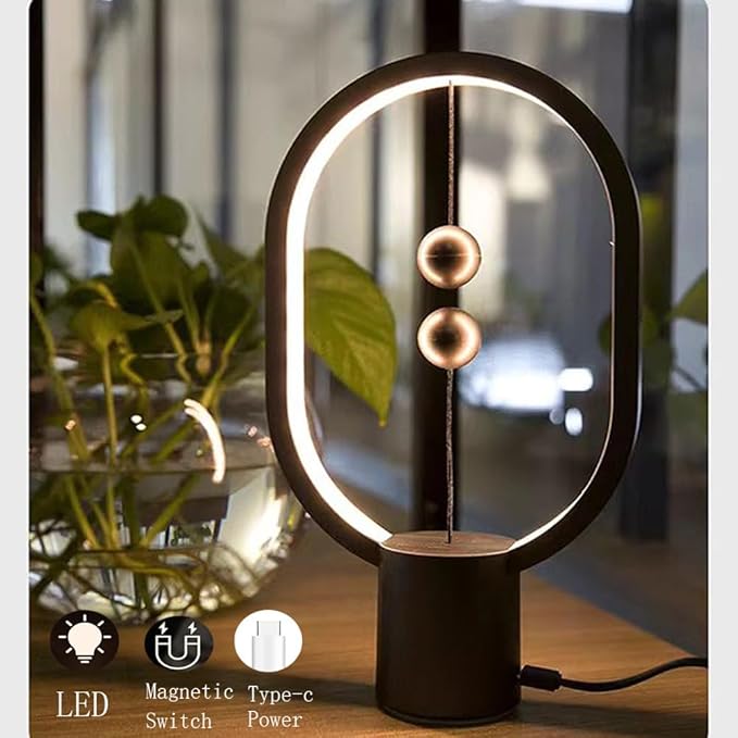 Small Table Lamp - Mini Balance Lamp,Birthday Gifts, Bedside Lamp, Nightstand Lamp,Plug in Night Light,Magnetic Lamp for Home,Office,College Dorm (Black Color)