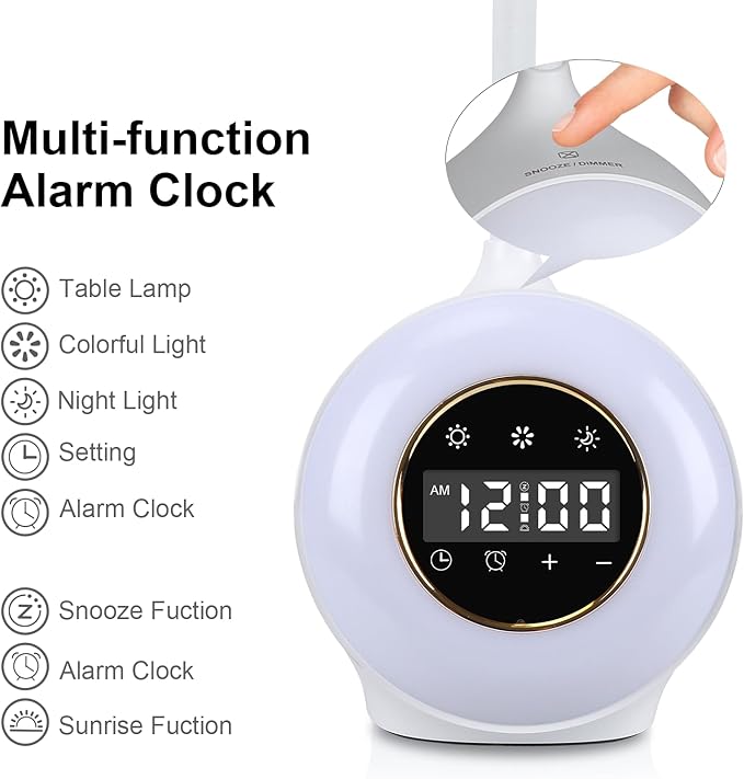 Desk Lamp with Alarm Clock, Sunrise Alarm Clock for Bedrooms,Digital Clock with Colourful Light, Cool Stuff Alarm Clocks for Kids