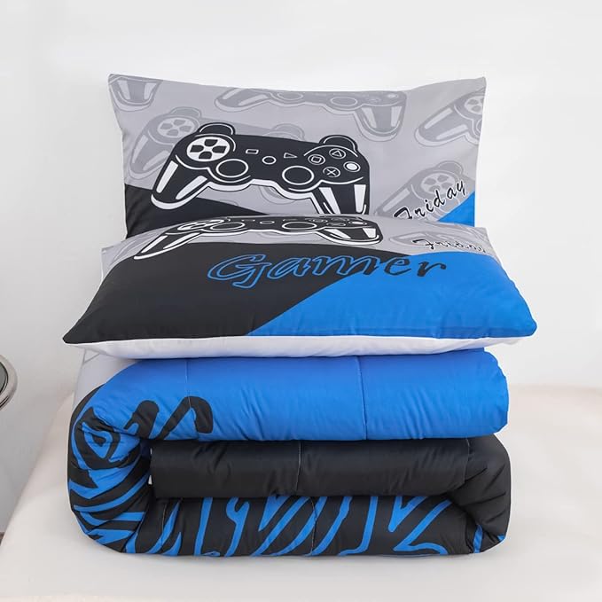 Feelyou Gaming Comforter for Boys Teen Video Game Bedding Set for Kids Gamer Comforter for All Season Gamepad Home Decor for Comforter Set Full Size,1 Comforter with 2 Pillowcases Blue Black Grey