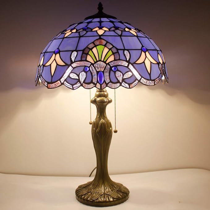 WERFACTORY Tiffany Lamp Blue Purple Stained Glass Baroque Table Lamp Lavender Style Bedside Desk Light Metal Base 16X16X24 Inches Decor Bedroom Living Room Home Office S003C Series (Blue Baraque)