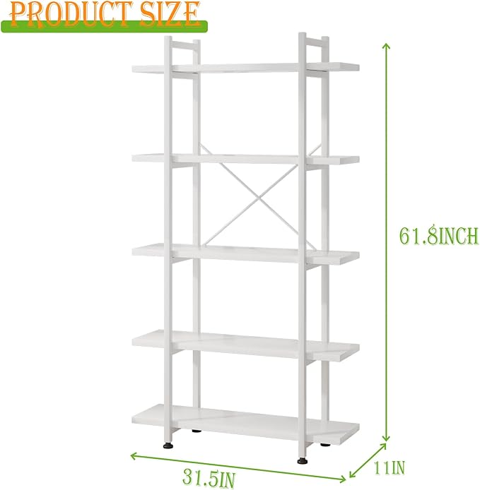Bookshelf 5 Tiers White Wooden Storage Shelf,Modern Open Display Storage Bookcase Book Organizer,Metal Bookshelf Standing Storage Shelf Tall Shelving Units for Home Office Study