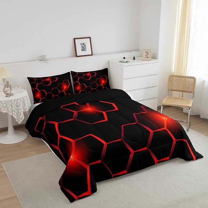 Honeycomb Kids Comforter Set Modern Geometry Hexagon Bedding Set for Boys Children Teens Bedroom Decor Geometrical Comforter Beehive Geometric Black Red Duvet Set Twin Size with 1 Pillow Case