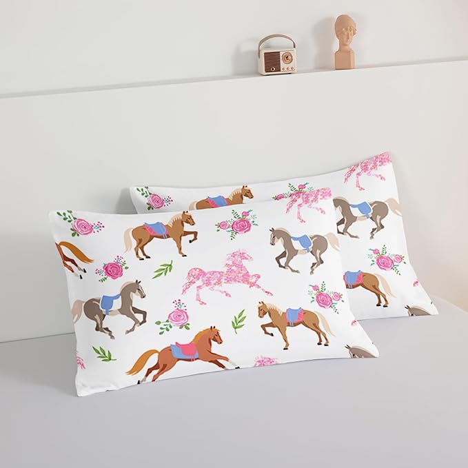 HOSIMA Kawaii Pink Rose Horse Queen Comforter Set,Cute Animal Horse Bedding Girls Teens Aesthetic Room Decor,Princess Toddler Bedding Set Cowboy Cowgirl Colorful Pony Queen Size Bed in a Bag.