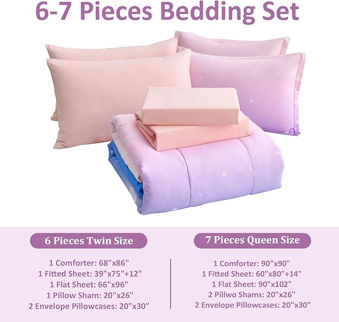 Dinjoy Girls Comforter Set Twin Size Colorful Rainbow Ombre Pink Blue Bedding Set Gradient 6 Pieces Bed in A Bag for Kids Teen Girl Women(1 Comforter, 1 Flat Sheet, 1 Fitted Sheet)