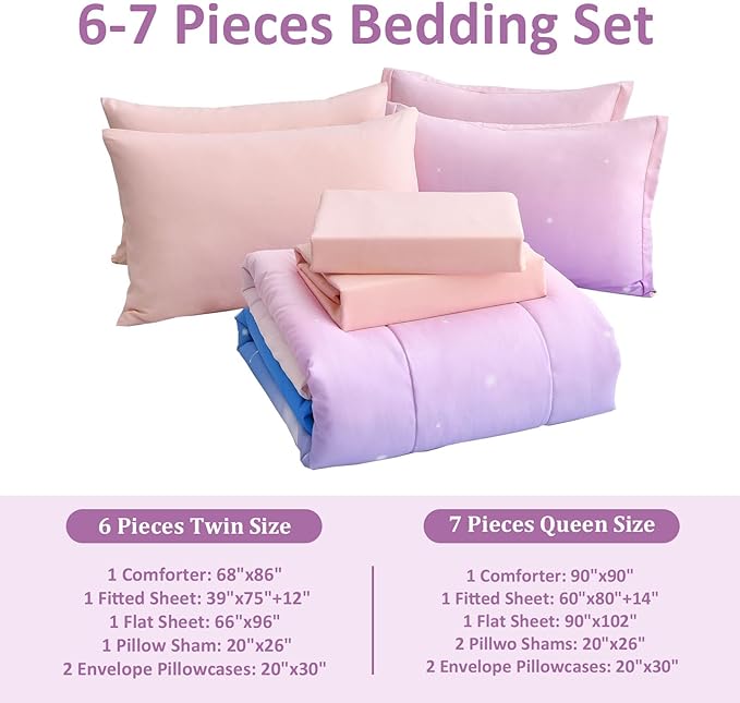 Dinjoy Girls Comforter Set King Size Colorful Rainbow Ombre Pink Blue Bedding Set Gradient 6 Pieces Bed in A Bag for Kids Teen Girl Women(1 Comforter, 1 Flat Sheet, 1 Fitted Sheet)