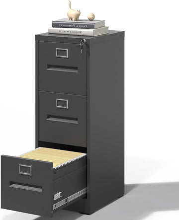 3 Drawer File Cabinet,Metal Filing Cabinets with Lock,Black Vertical File Cabinet for Home Office,Heavy Duty Metal Storage Cabinet for A4/Letter/Legal Size File,Assembly Required