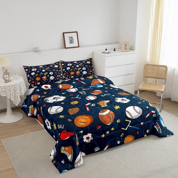 Feelyou Sports Theme Comforter Set 3D Blue Ball Bedding Set Baseball Football Basketball Comforter for Children Kids Boys Girls Microfiber Competitive Games Duvet Set Room Decor Quilt Set Queen Size