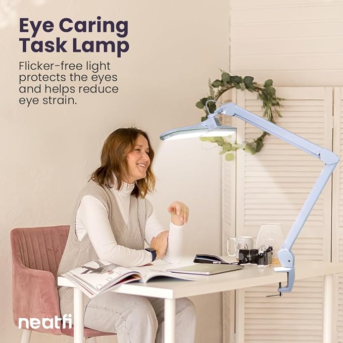 Neatfi Elite HD XL Task Lamp, 3 Light Modes, 90PCS SMD LED, Super Bright Desk Lamp, Eye-Caring LED Lamp, Non-Polar Dimming, Adjustable Brightness Levels (CCT with Clamp, Green Ring, 17 Inches)