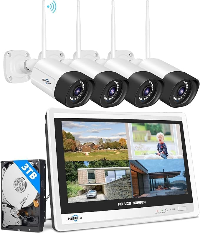 Hiseeu 5MP Wireless Pro Security Camera System with 12" LCD Monitor and 3T HDD Outdoor Use 24/7 Recording Motion Detection Color Night Vision 2 Way Audio Expandable 10CH 8MP NVR Plug and Play