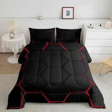 Honeycomb Bedding Set Honeycomb Modern Geometry Hexagon Theme Comforter Set for Kids Boys Children Geometrical Comforter Ultra Soft Beehive Black Red Decor Duvet Set Twin Size