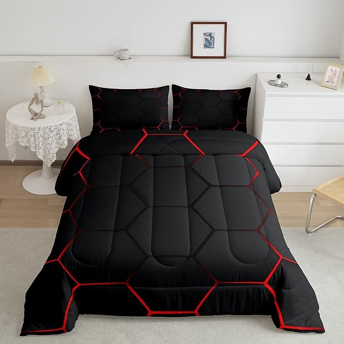 Honeycomb Bedding Set Honeycomb Modern Geometry Hexagon Theme Comforter Set for Kids Boys Children Geometrical Comforter Ultra Soft Beehive Black Red Decor Duvet Set Twin Size