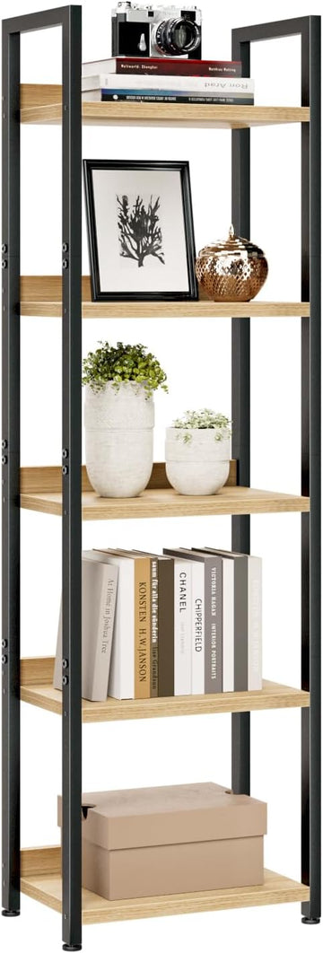 NUMENN Narrow Bookshelf, 5 Tier Bookshelves, Home Office Bookcase Shelf Storage Organizer, Free Standing Storage Shelving Unit for Bedroom, Living Room and Home Office, Natural