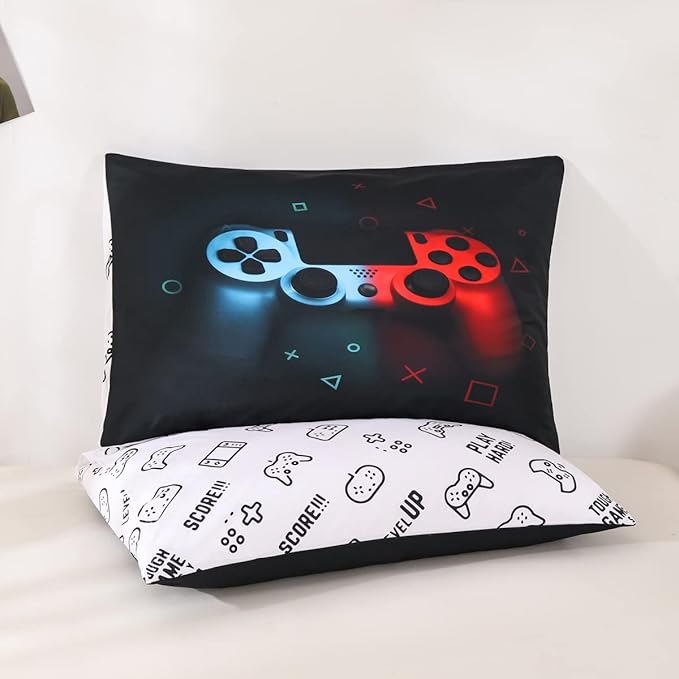 Erosebridal Boys Gamepad Comforter Set Queen,Play Gamer Bedding Set Kid Young Man Video Games Down for Teen Child Game Room Decor Black Classic Retro Gaming Quilt Duvet Set with Controller Button