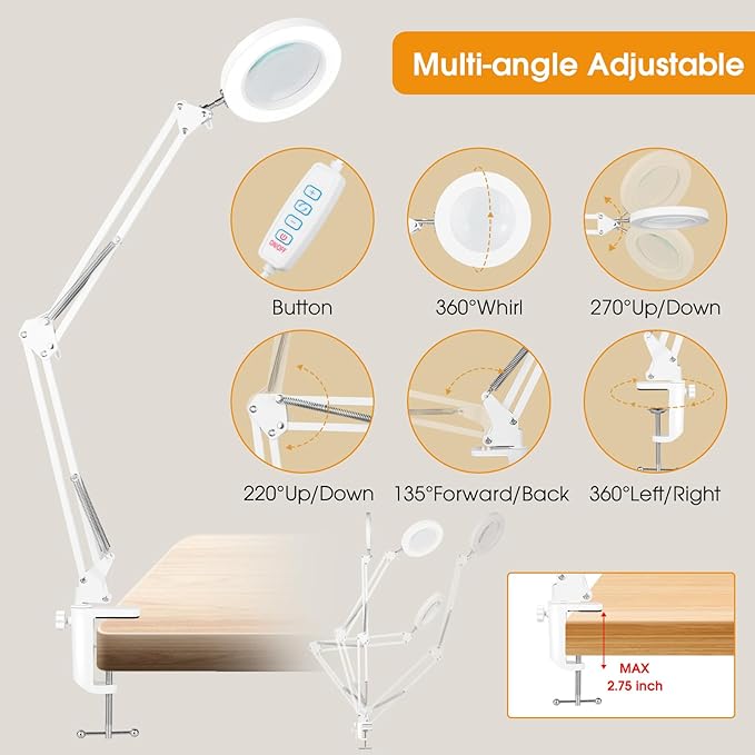 5X Magnifying Glass with Light and Stand, Desk Clip on Lamp for Reading Home Office, 48 LEDs USB Clip Ring Light with 3 Color Modes Clamp Light for Bed Headboard, Craft, Computer, Video Call