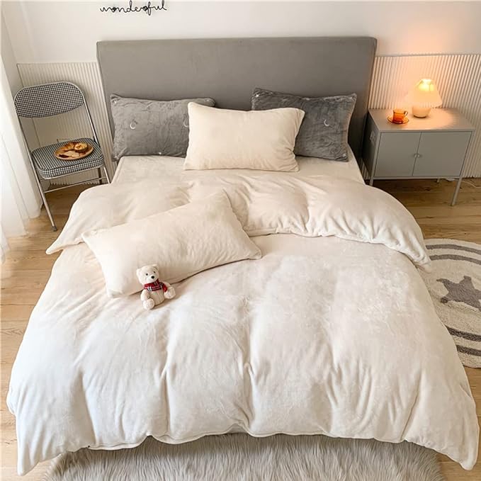 Wellboo White Velvet Comforter Sets Full Boys Girls Solid White Fluffy Bedding Comforters Plain White Flannel Plush Quilts Women Men All White Winter Blanket Aesthetic Micromink Sherpa Bedding Durable