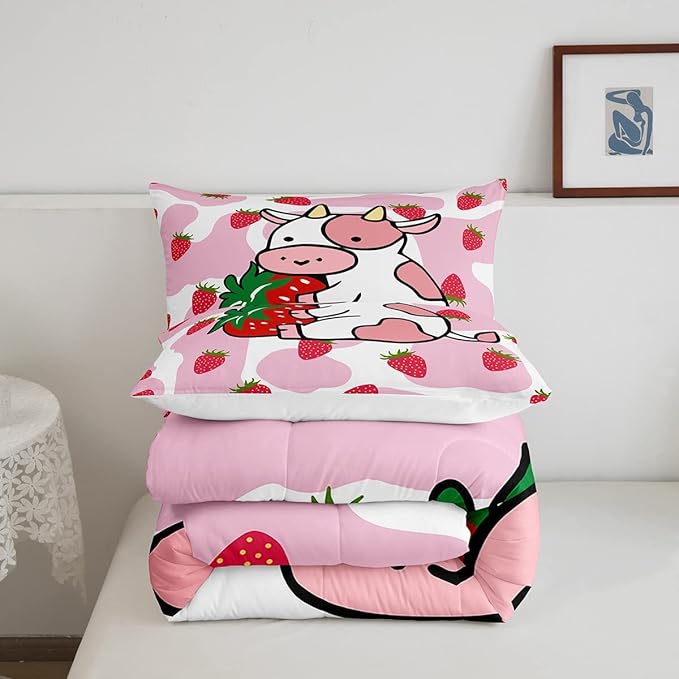 Feelyou Milk Cow Comforter Pink White Cow Strawberry Pattern Comforter Set Bedding Set for Kids Adults Kawaii Girls Milk Cow Print Duvet Set Ultra Soft Room Decor Queen Size Quilt Set