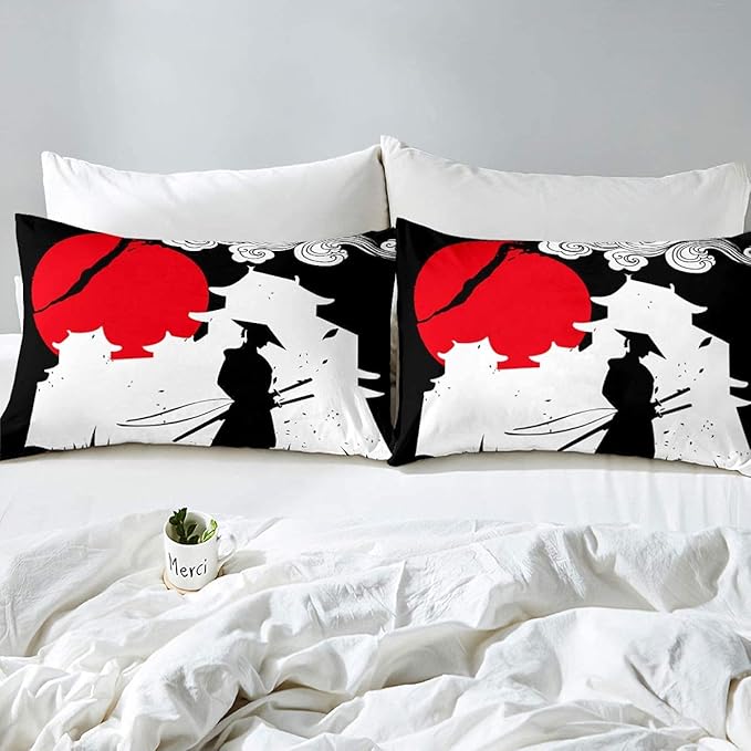 Erosebridal Samurai Comforter Set Full Size, Sunset Print Down Comforter, Japan Quilted Duvet, Building Silhouette Breathable Quilt Set, Japanese Ukiyoe Bedding Set, Ultra Lightweight