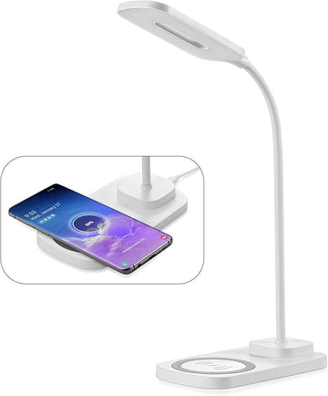 Consciot LED Desk Lamp with Wireless Charger, USB Charging Port, 3 Lighting Modes, Dimmable Space-Saving Table Lights with 360°Adjustable Gooseneck for Bedroom Nightstand Bedside Office Study, White