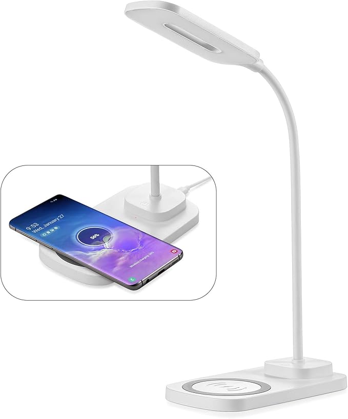 Consciot LED Desk Lamp with Wireless Charger, USB Charging Port, 3 Lighting Modes, Dimmable Space-Saving Table Lights with 360°Adjustable Gooseneck for Bedroom Nightstand Bedside Office Study, White