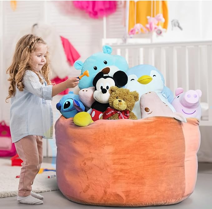 Bean Bag Chair Cover, Stuffed Animal Storage, Plush Toys Organizer Holder, Beanbag Chairs Cover for Kids Teans and Adults Super Soft and Comfortable Fabric X-Large with Handle and Zipper - Round Brown