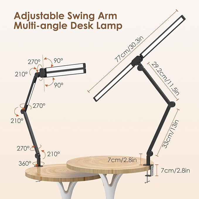 LED Desk Lamp, Flexible Desk Light with Clamp, Dual Light 25 Lighting Eye-Caring Modes Table Lamp with Solid Base, Eye-Caring Desk Lamp with Remote Control,Reading Desk Lamps for Home Office