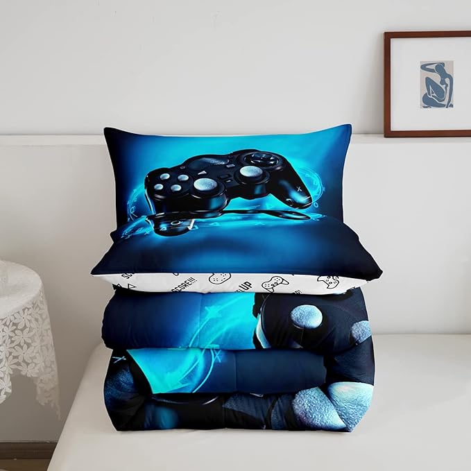 Feelyou Gaming Bedding Set for Boys Gamer Comforter Set for Teens Kids Gamer Room Decor Blue Video Games Comforter Duvet Set King Size Gamepad Quilted All Season 1 Comforter with 2 Pillow Cases