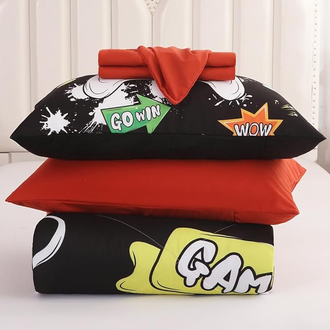 Wajade Kids Game Comforter Set Bed in A Bag Queen Size 7 Piece 3D Colorful Video Game Controller Bedding Set for Boys Girls (1 Comforter, 1 Flat Sheet, 1 Fitted Sheet, 2 Pillowcase and 2 Pillow Sham)