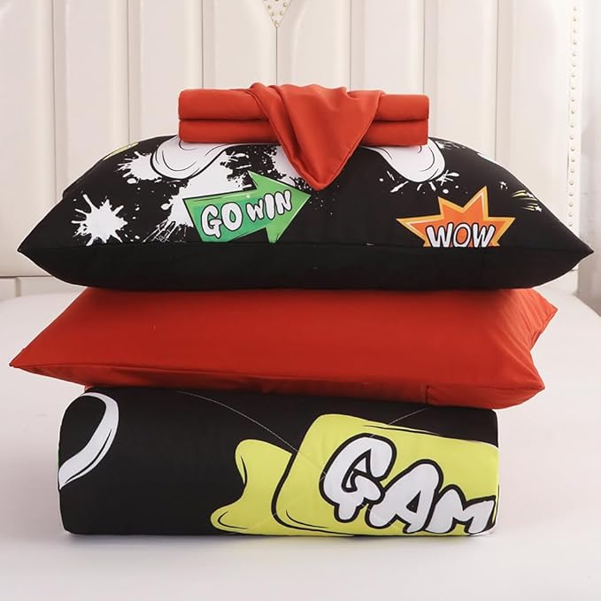 Wajade Kids Game Comforter Set Bed in A Bag Twin Size 7 Piece 3D Colorful Video Game Controller Bedding Set for Boys Girls (1 Comforter, 1 Flat Sheet, 1 Fitted Sheet, 2 Pillowcase and 2 Pillow Sham)