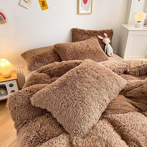 Faux Fur Kids Girls Coffee Comforter Sets King - 3PC Bed Set Warm Comfortable Soft Plush Flannel Velvet Fluffy Fuzzy Bedding（Comforter x 1 Pillowcases x 2）