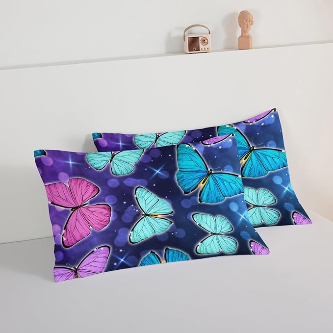 HOSIMA Butterfly Comforter Set with 2 Pillowcases,Glitter Purple Blue Butterfly Printed Bedding Queen Comforter Set for Adults Kids,Starry Sky Galaxy Comforter Butterfly Room Decor Aesthetics.