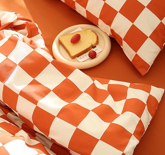 Orange White Grid Comforter Set Full Burnt Orange Plaid Bedding Set Girls Reddish and White Checkered Bed Comforter Set Breathable Blanket Set Kids Durable Bedding Comforter Set