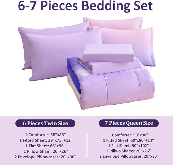 Dinjoy Girls Comforter Set Full Size Colorful Rainbow Ombre Purple Lavender Pink Bedding Set Gradient 7 Pieces Bed in A Bag for Kids Teen Girl Women(1 Comforter, 1 Flat Sheet, 1 Fitted Sheet)