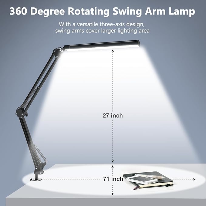 ODOM Adjustable Swing Arm Desk Lamps with Clamp, Upgraded 3 Color Modes 6 Brightness Stepless Dimming, Eye-Caring Memory Function Led Table Light for Home Office Reading Nail Desk, Black, 12W Adapter