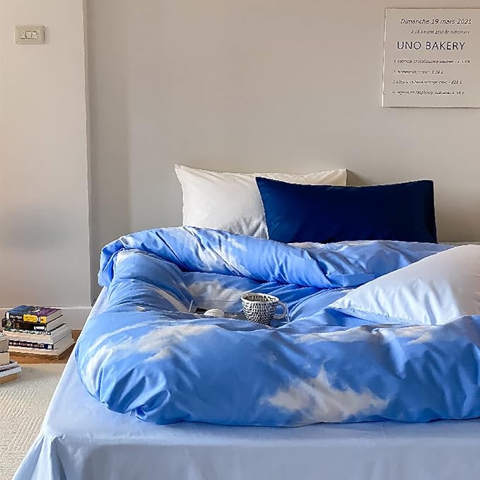 Cotton Blue Cloud Comforter Set Queen Size Sky Blue Comforter Cotton 3 Pieces Soft Light Blue Queen Comforter Bedding Set Women Solid Blue Queen Bed Comforter Set for All Season as Gift