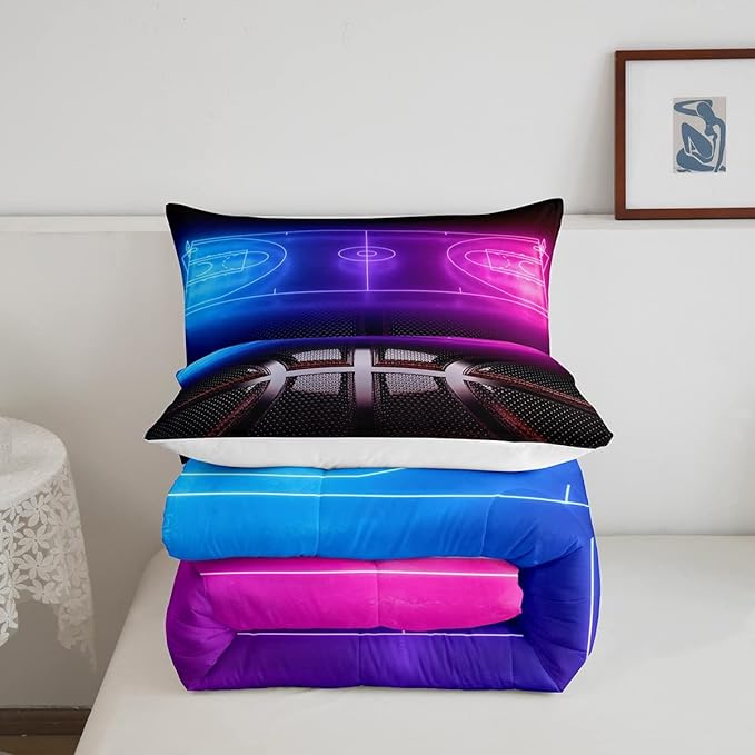 Erosebridal Sports Basketball Comforter Set for Boys Girls Neon Basketball Court Bedding Set King,Kids Ball Competitive Games Comforter Soft Lightweight Quilt Duvet Set 2 Pillow Cases Bedroom Decor