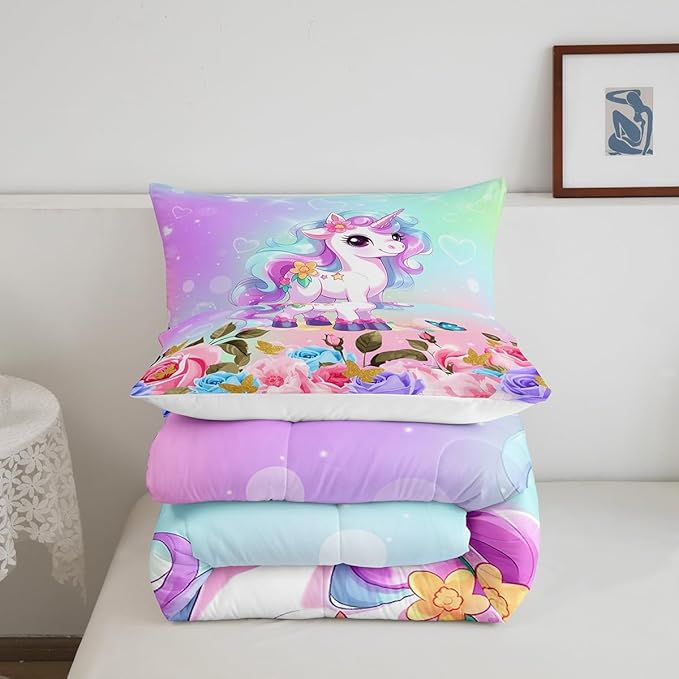 Cartoon Unicorn Kids Comforter Set King Size,Rose Flowers Butterfly Leaves Bedding Set,Girls Women Room Decor,Starry Sky Unicorn Cute Down Comforter,Pink Purple Romantic Duvet Insert,2 Pillowcases